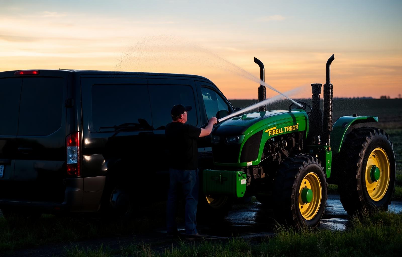 Francisco's mobile detailing rig washing farm equipment at dusk in rural Nebraska